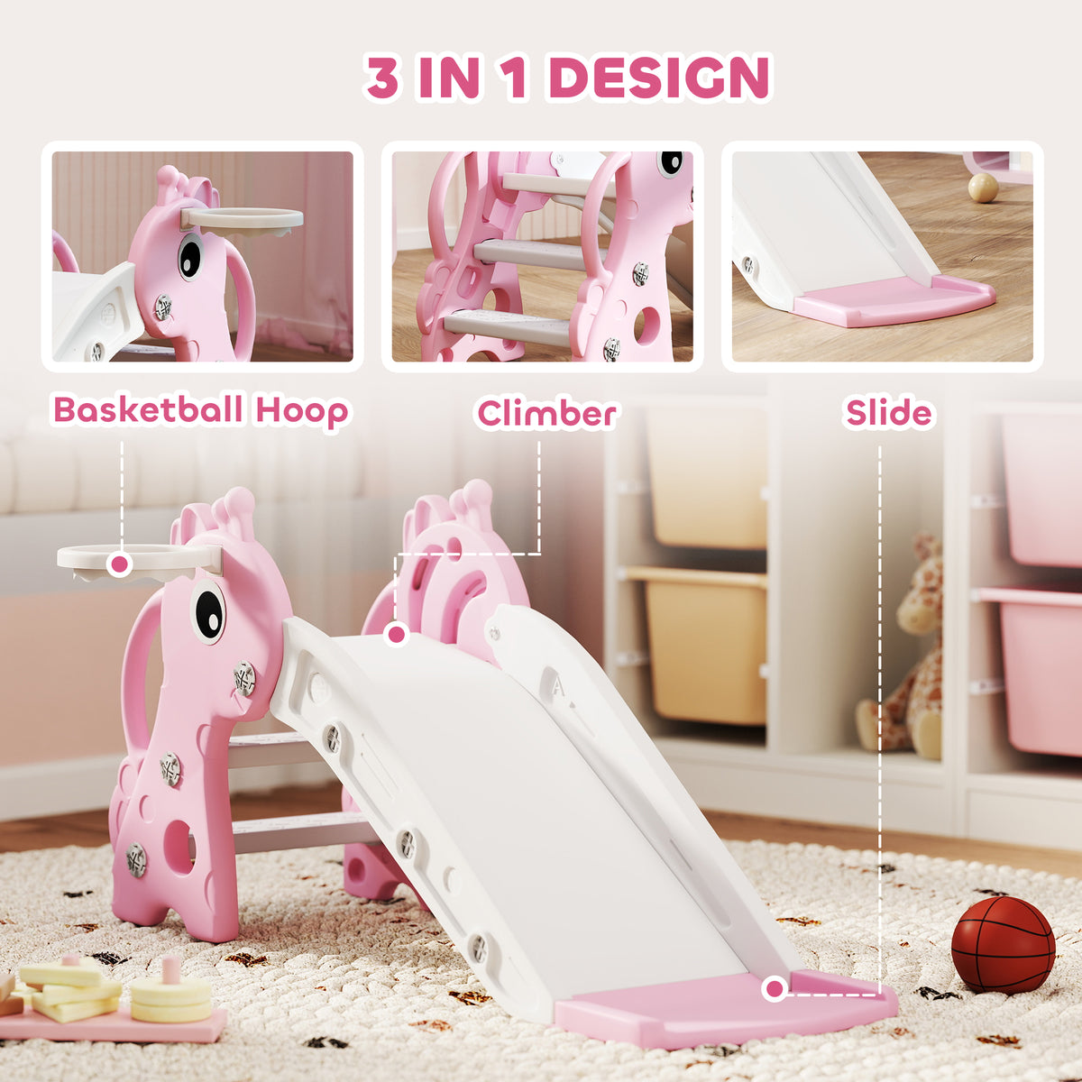 AIYAPLAY 3 in 1 Kids Slide with Climber, Basketball Hoop and Ball, Pink