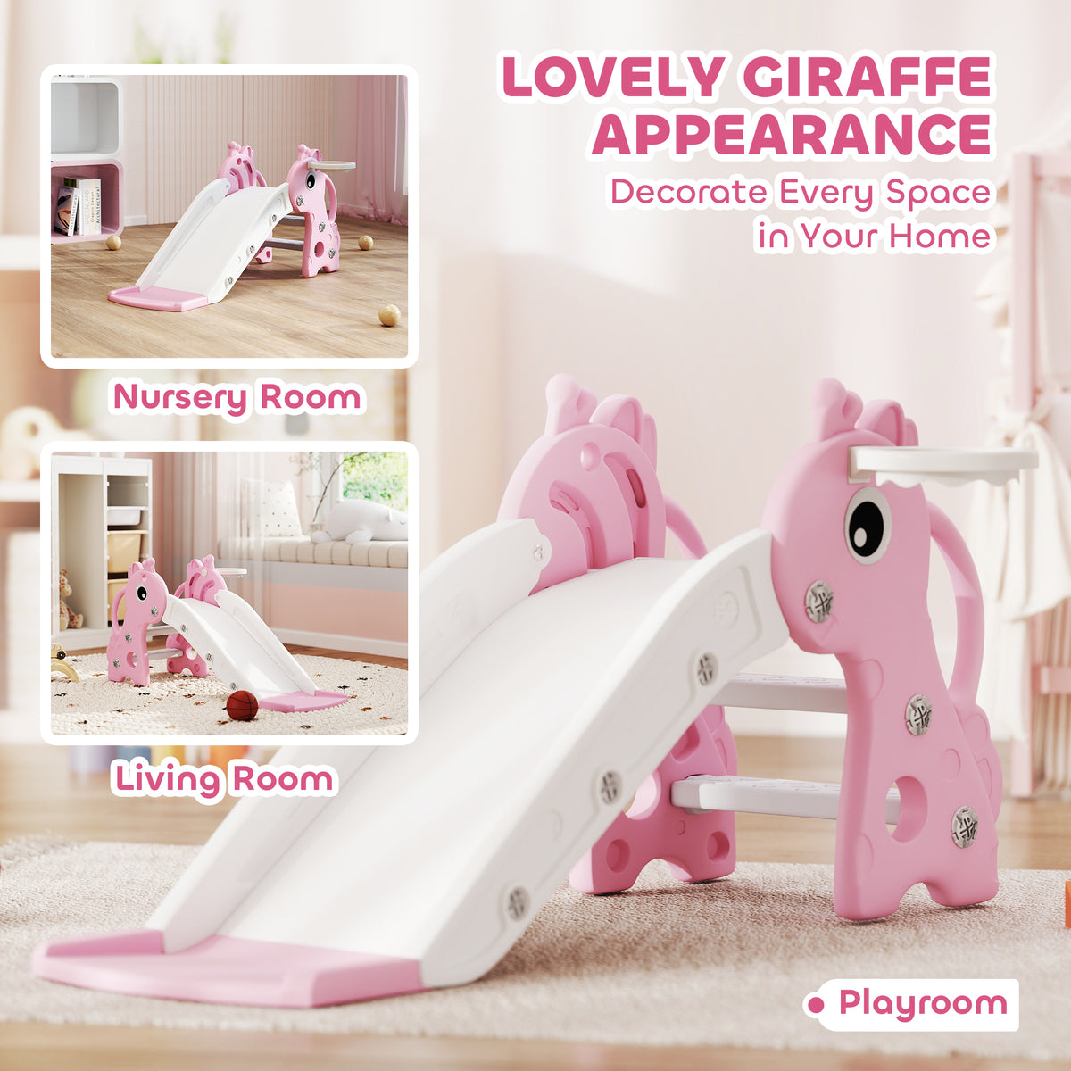 AIYAPLAY 3 in 1 Kids Slide with Climber, Basketball Hoop and Ball, Pink