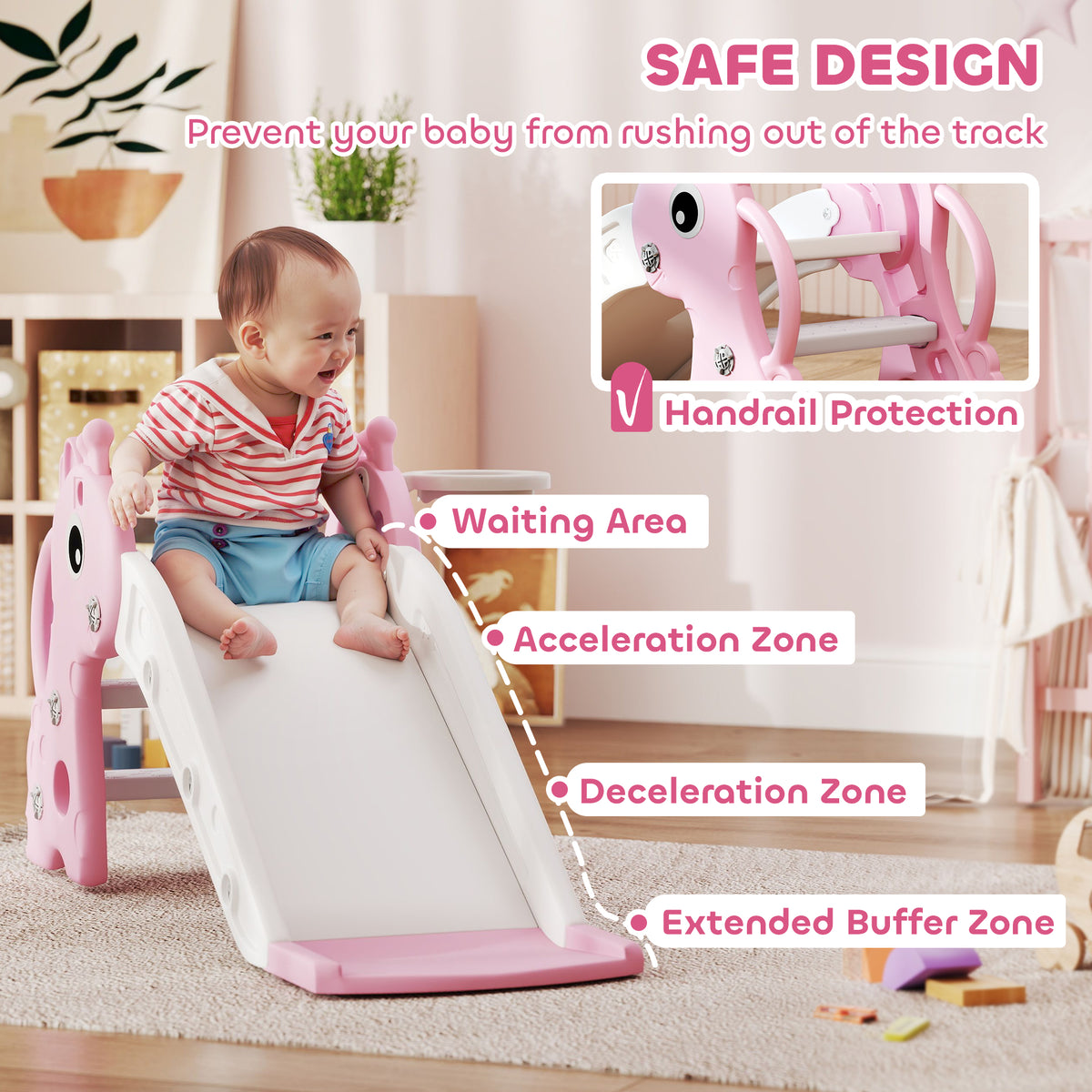 AIYAPLAY 3 in 1 Kids Slide with Climber, Basketball Hoop and Ball, Pink