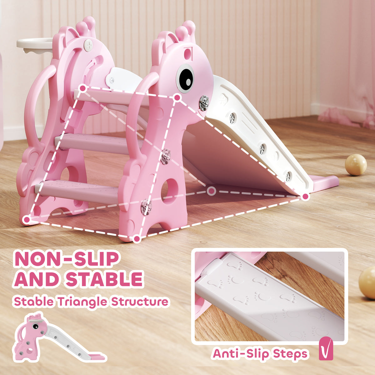 AIYAPLAY 3 in 1 Kids Slide with Climber, Basketball Hoop and Ball, Pink