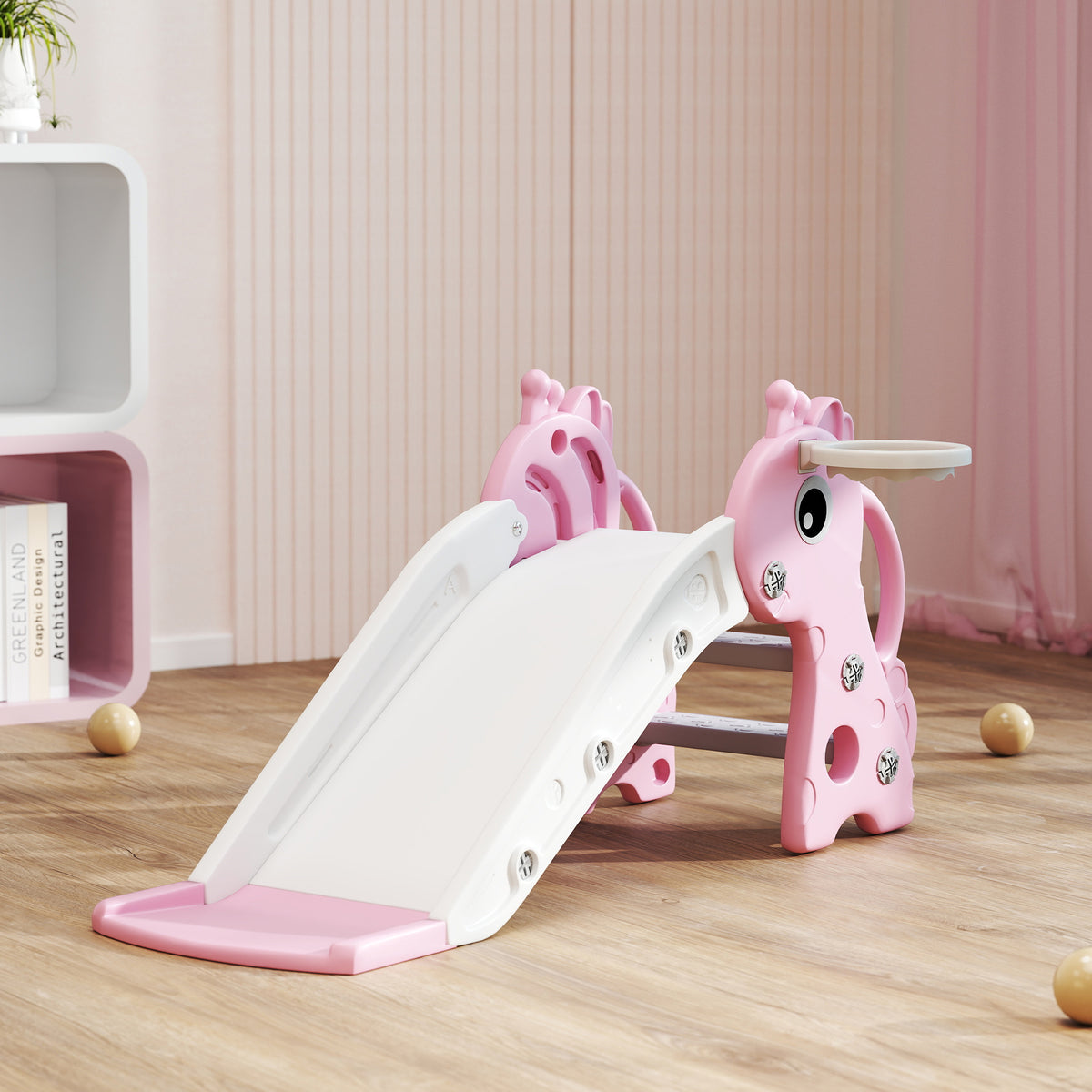 AIYAPLAY 3 in 1 Kids Slide with Climber, Basketball Hoop and Ball, Pink