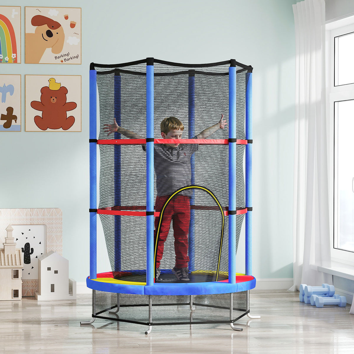 cortex-london-york-mini-kids-trampoline-with-enclosure-net-red-blue-yellow-black