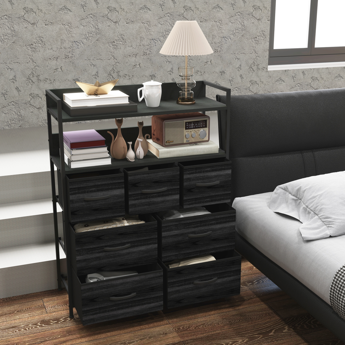cortex-london-york-seven-drawer-black-bedroom-dresser-with-shelves