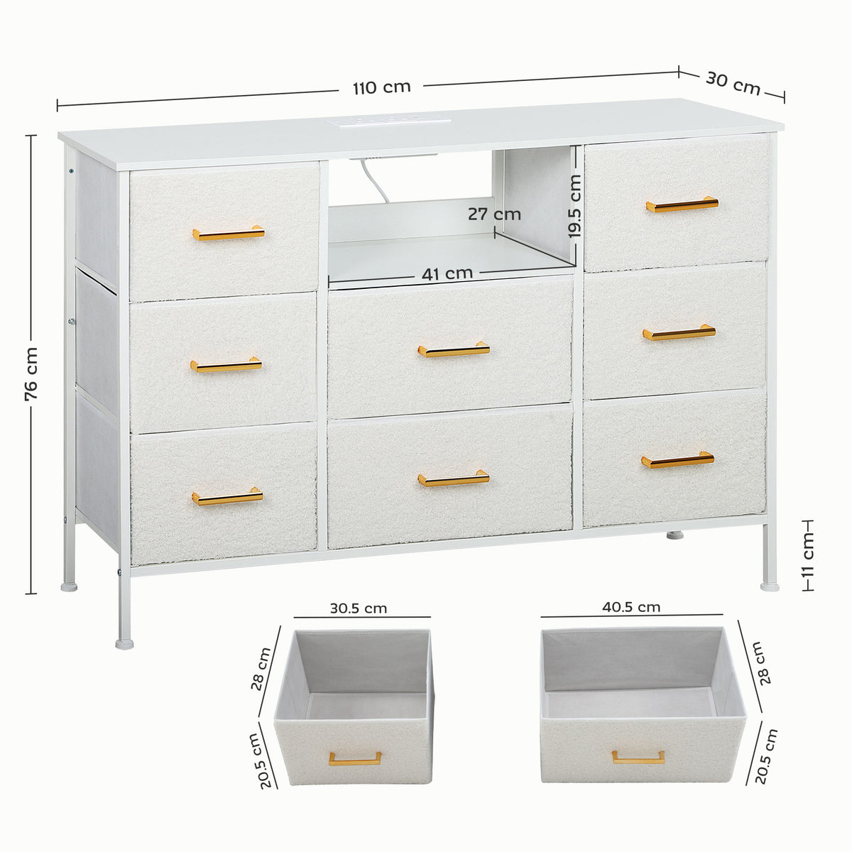 HOMCOM Boucle Chest of Drawers, 2 USB & 2 AC Ports, 8 Drawers Dresser