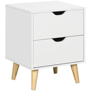 Elegant White Nightstand with Two Drawers and Natural Wood Legs