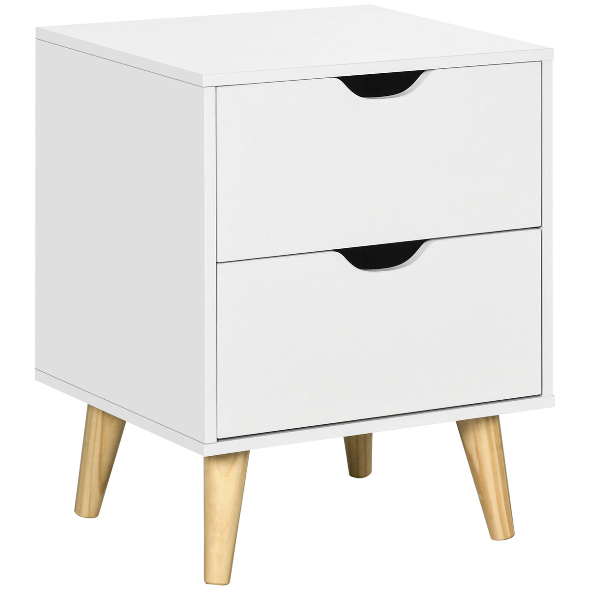 Elegant White Nightstand with Two Drawers and Natural Wood Legs