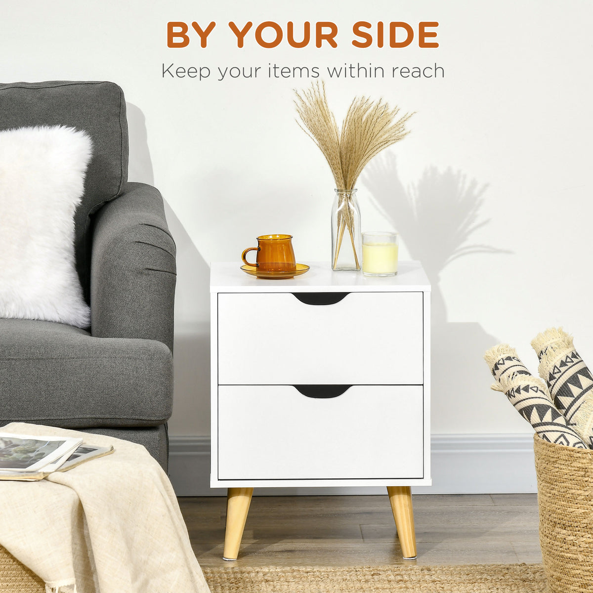 Elegant White Nightstand with Two Drawers and Natural Wood Legs