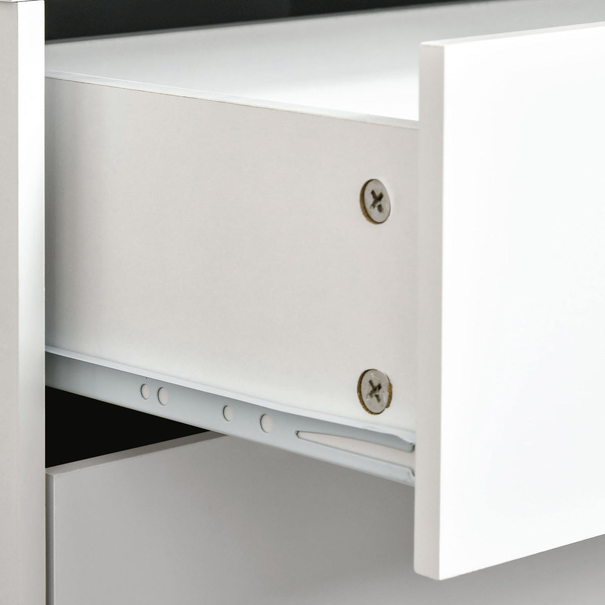 Elegant White Nightstand with Two Drawers and Natural Wood Legs
