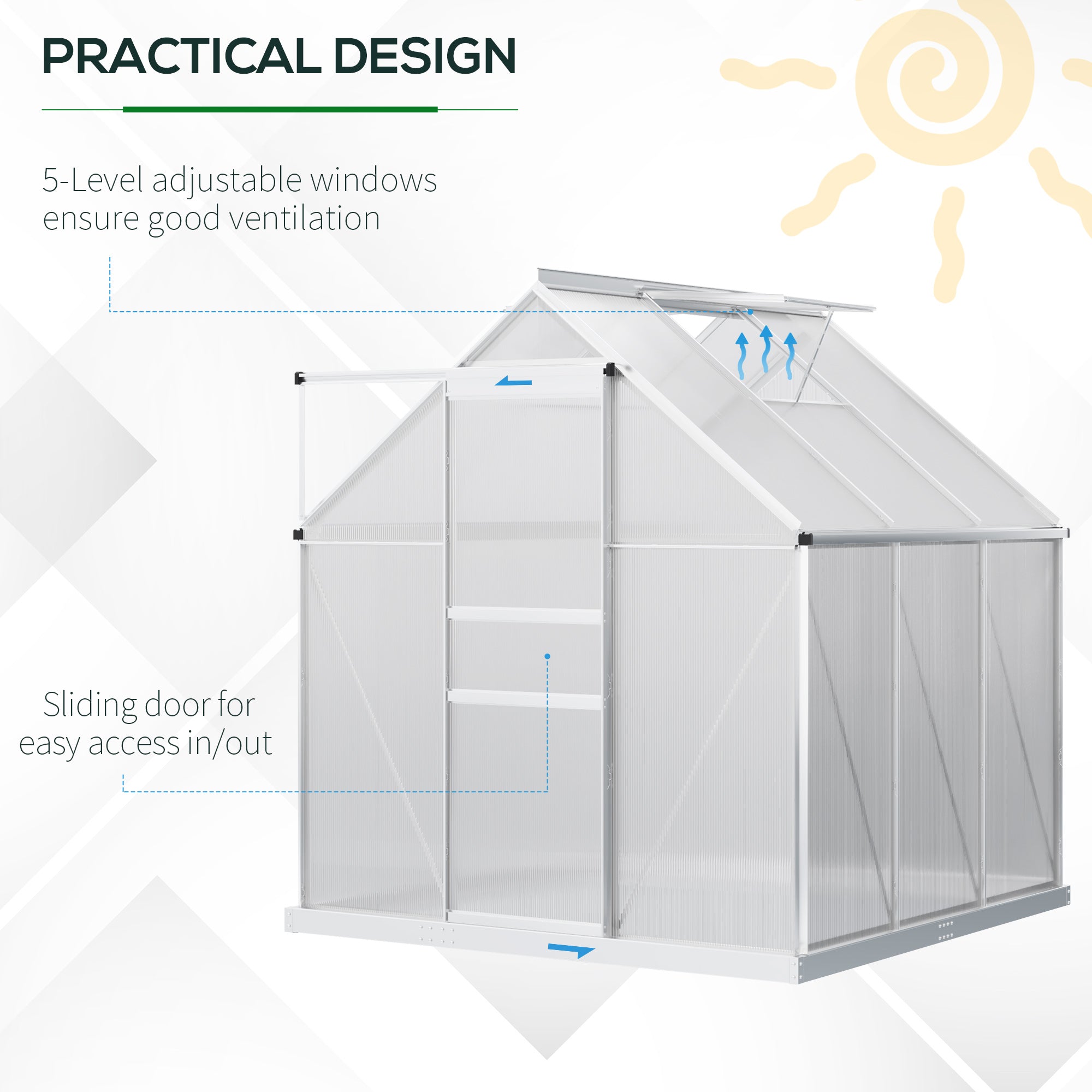 Outsunny Polycarbonate Walk-in Garden Greenhouse w/ Sliding Door Silver Tone
