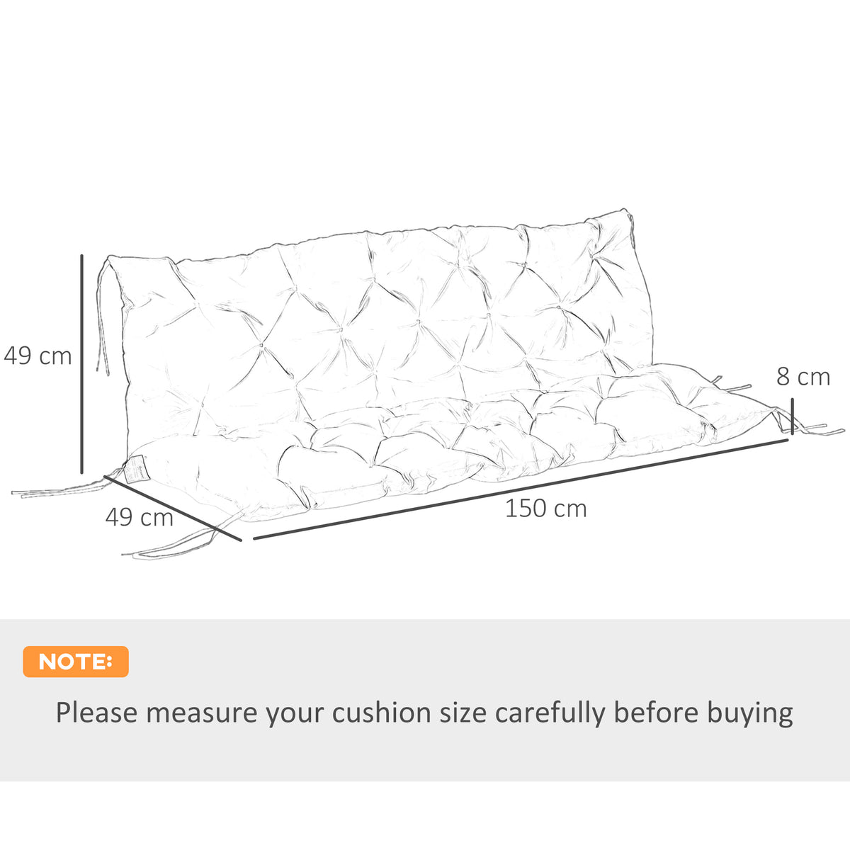 Outsunny 3 Seater Garden Bench Cushion Outdoor Seat Pad w/ Ties Light Grey