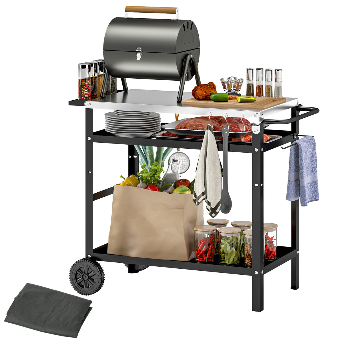 cortex-london-windsor-bbq-trolley-stainless-steel-top-movable-pizza-table-black