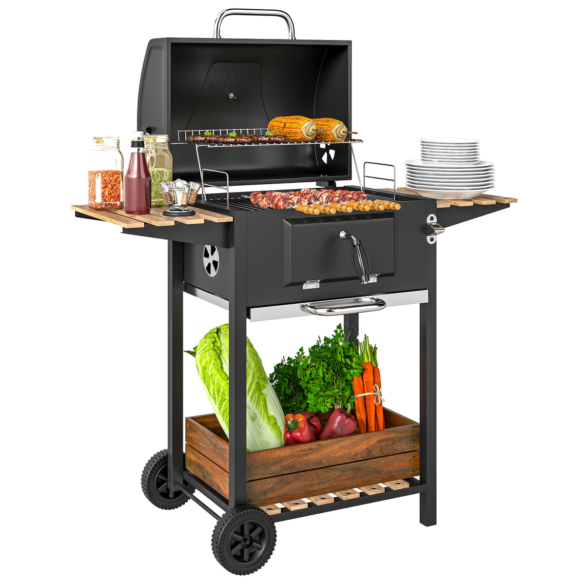 cortex-london-york-charcoal-bbq-grill-warming-rack-temperature-gauge-black-nature-wood-finish