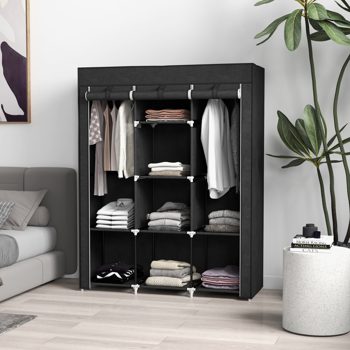 cortex-london-york-fabric-portable-wardrobe-8-shelves-2-hanging-rails-beige