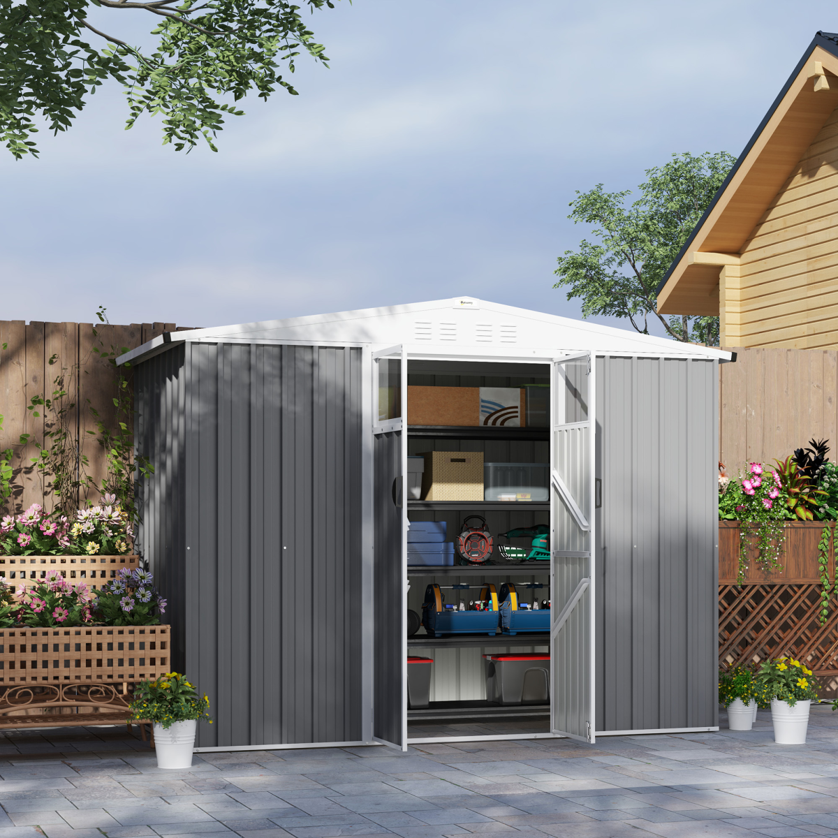 cortex-london-windsor-outsunny-8-4-ft-dark-grey-galvanised-steel-garden-storage-shed