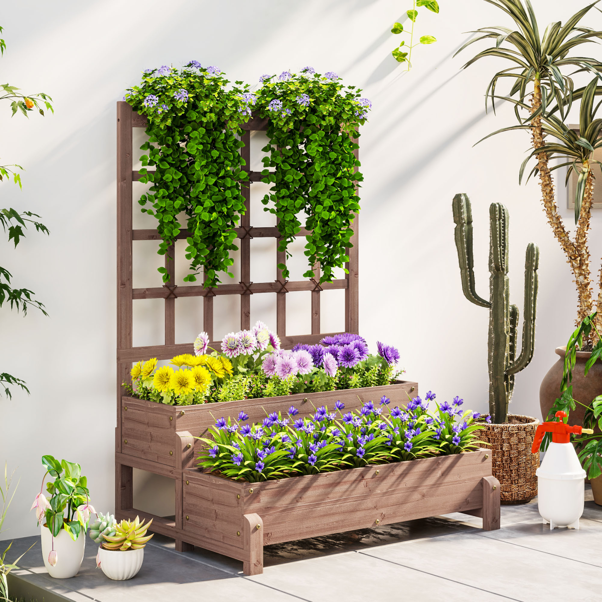 cortex-london-windsor-2-tier-wooden-raised-planter-with-trellis-and-drainage-holes