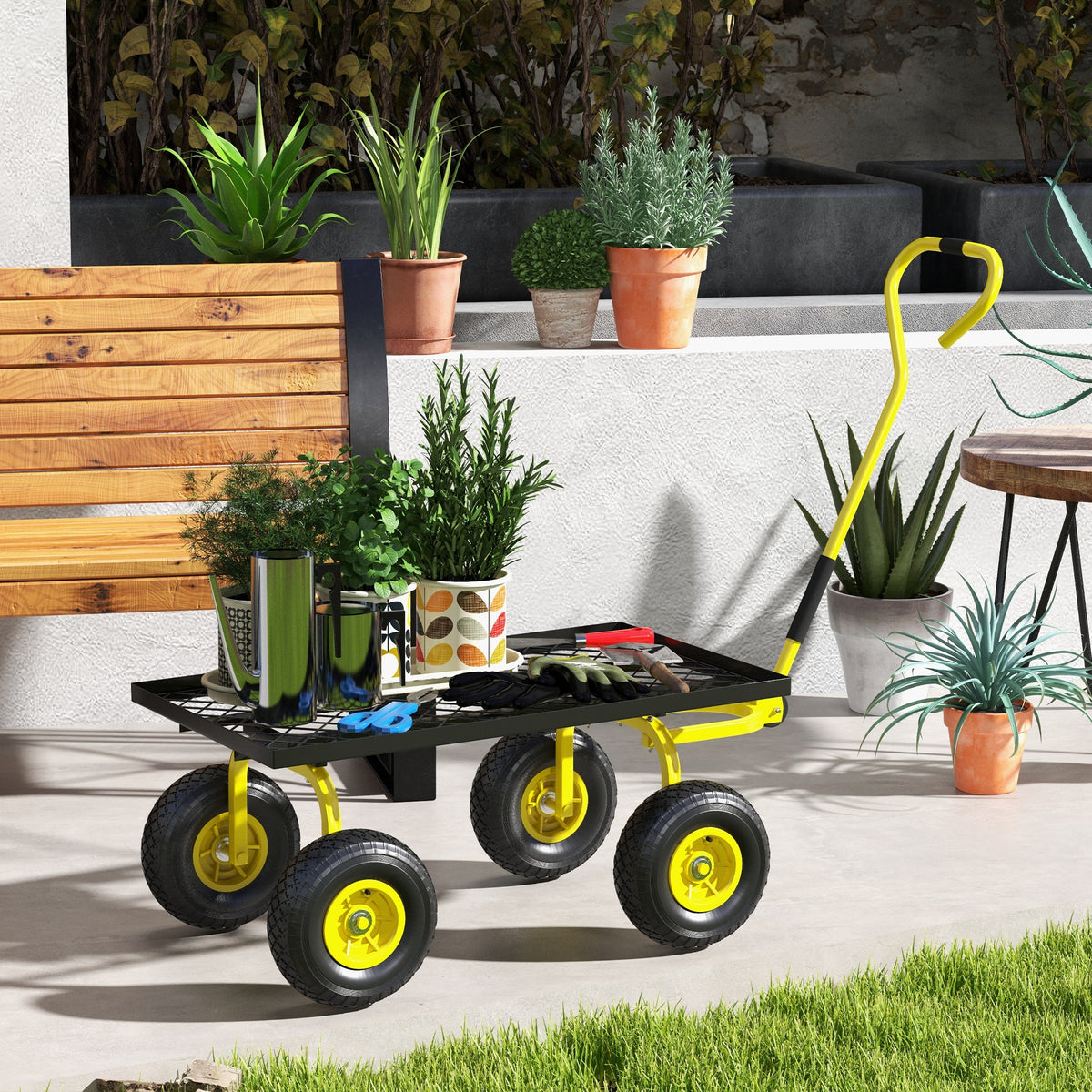 cortex-london-york-garden-trolley-cart-pneumatic-wheels-rotating-handle-yellow