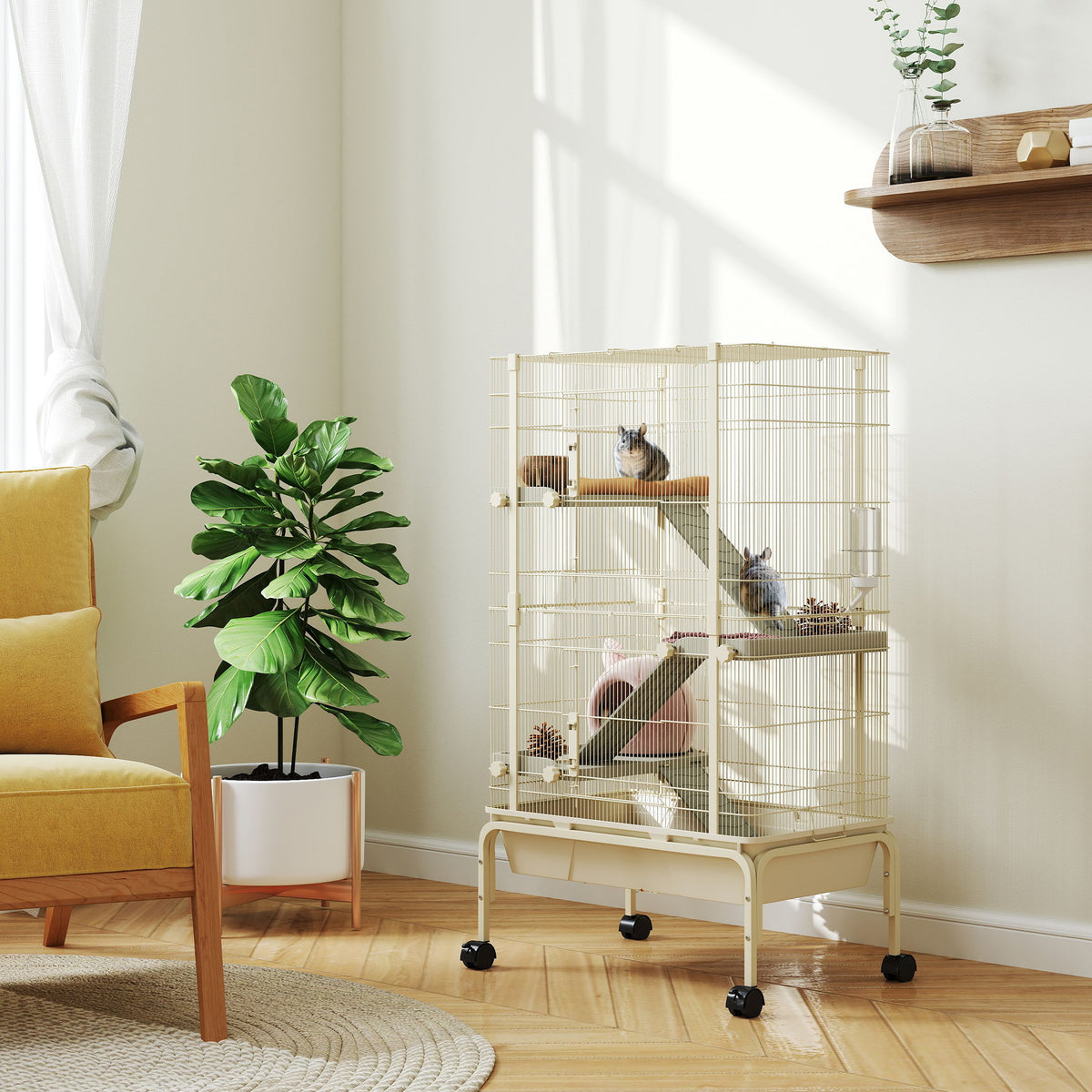 PawHut 4 Levels Rolling Small Animal Cage, Rabbit Cage with 15cm Deep Bottom