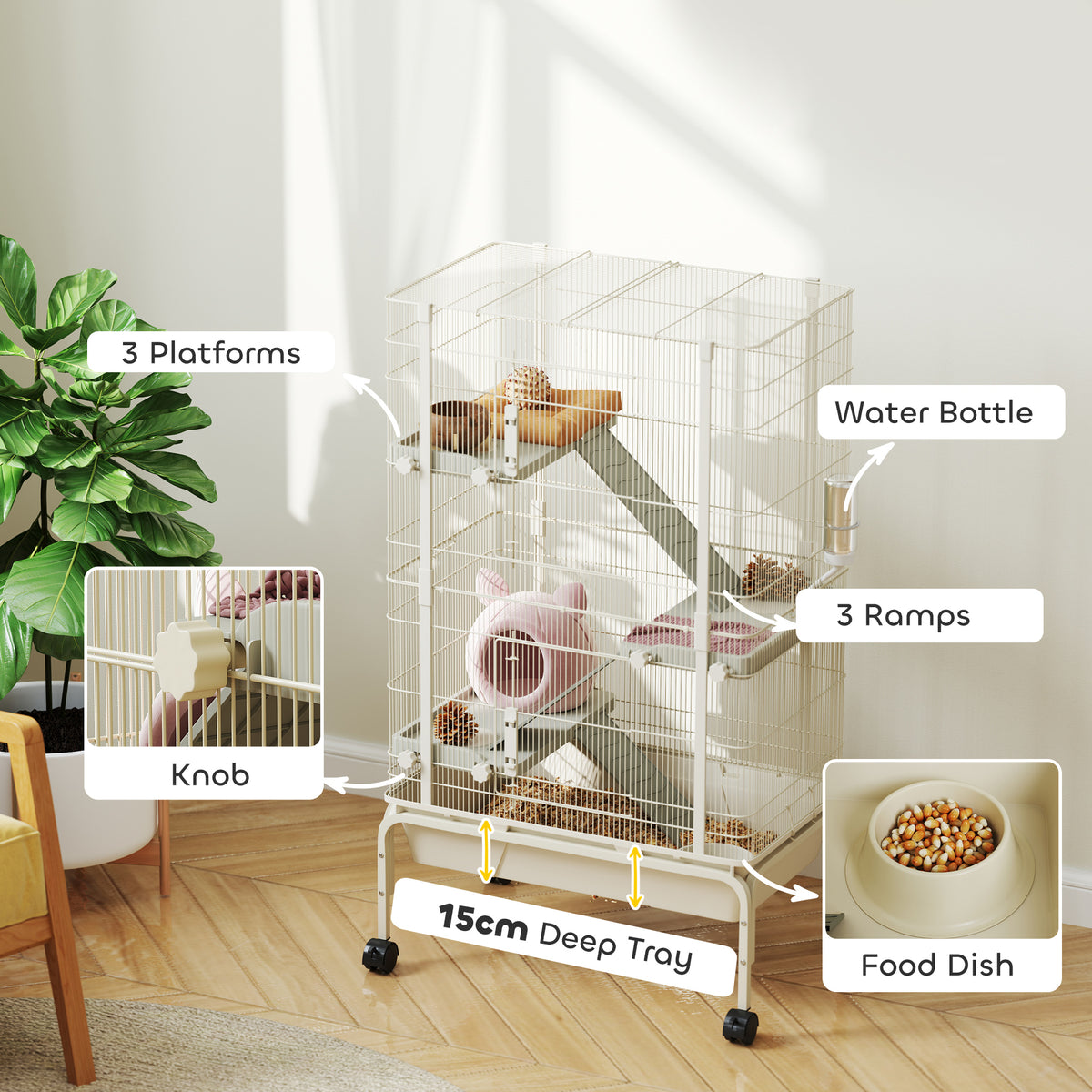 PawHut 4 Levels Rolling Small Animal Cage, Rabbit Cage with 15cm Deep Bottom