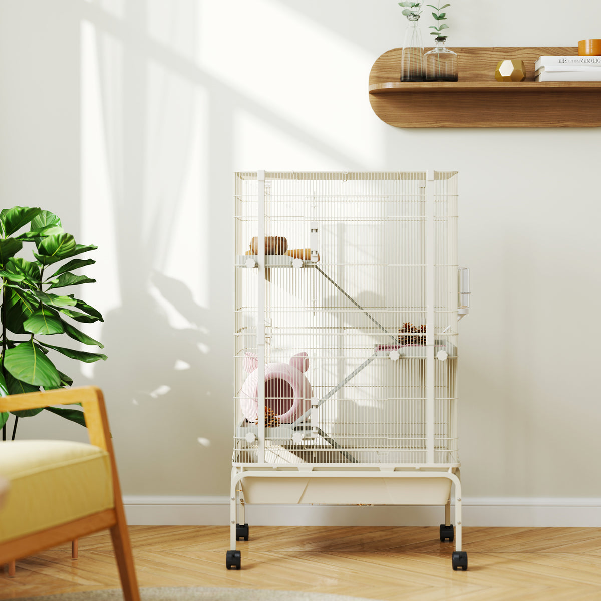 PawHut 4 Levels Rolling Small Animal Cage, Rabbit Cage with 15cm Deep Bottom