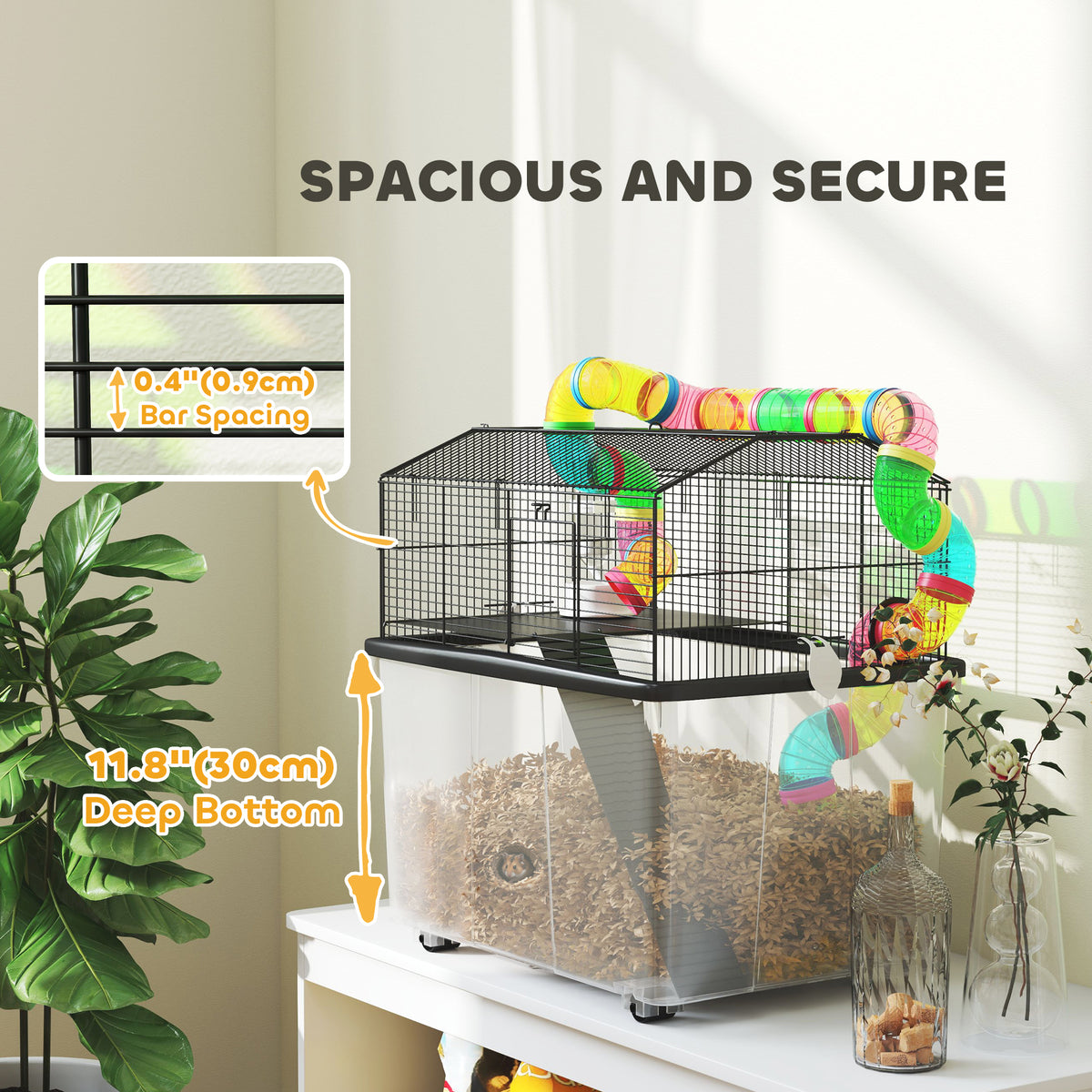 PawHut Hamster Cage with 31cm Deep Tray, Tube System, 58 x 43 x 57cm