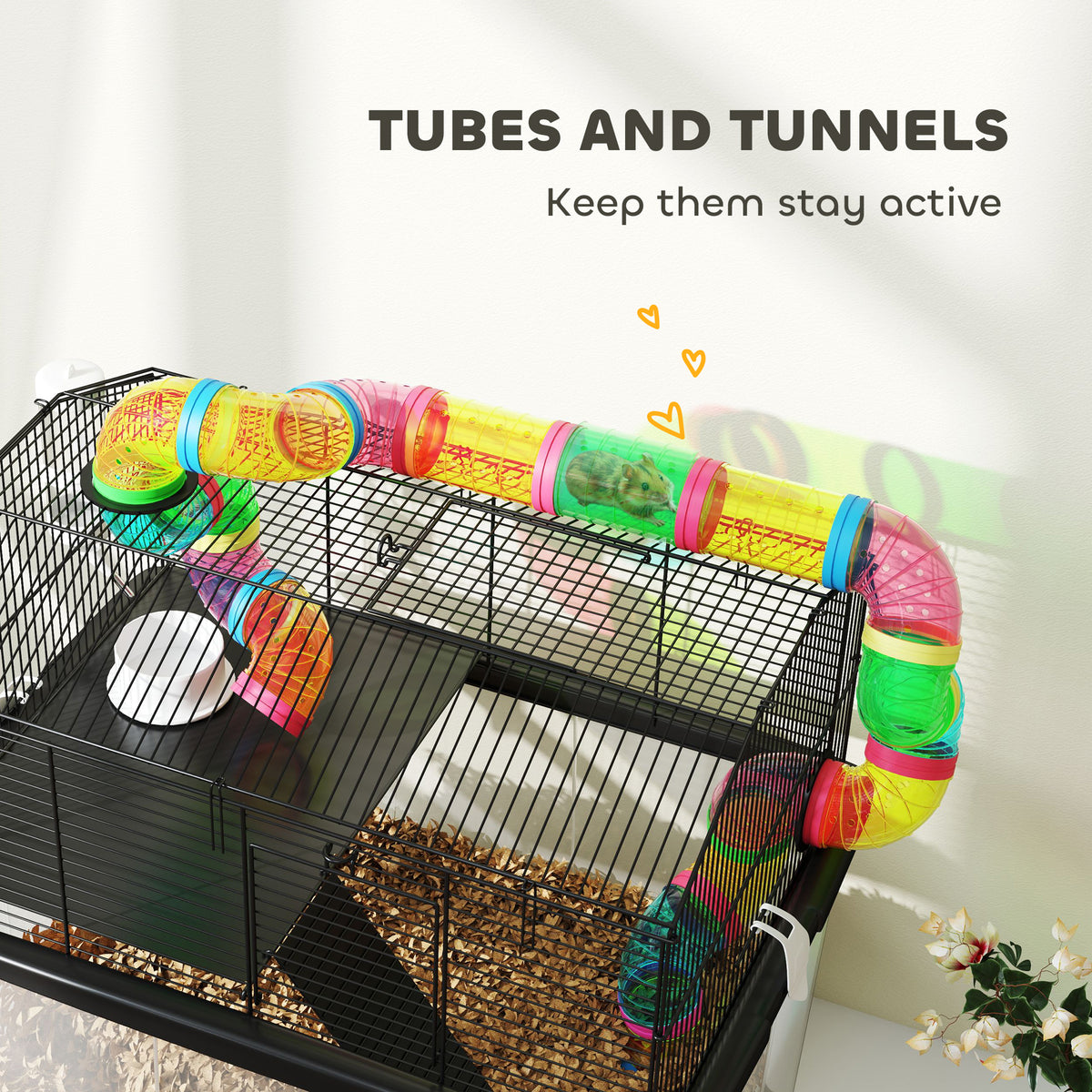 PawHut Hamster Cage with 31cm Deep Tray, Tube System, 58 x 43 x 57cm