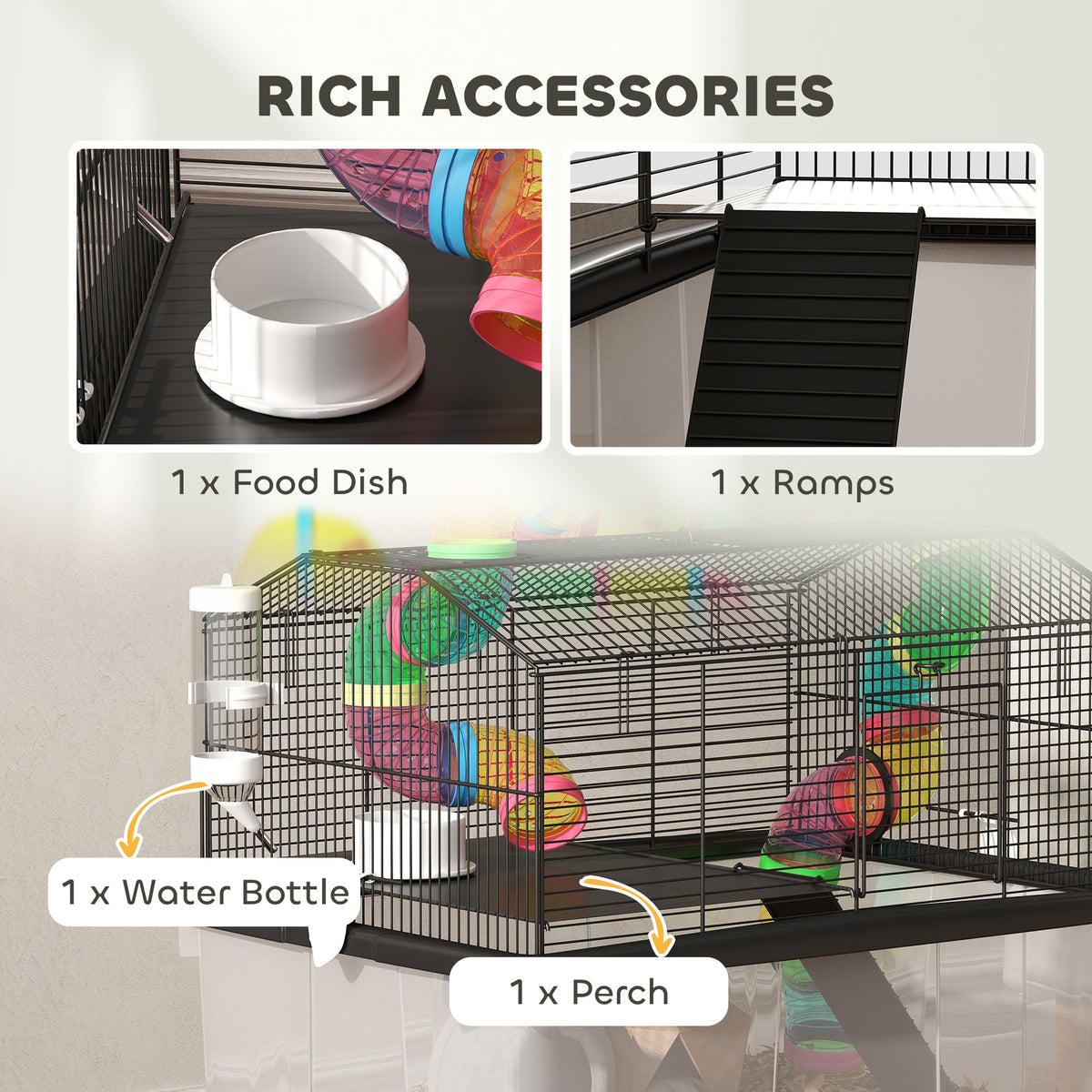 PawHut Hamster Cage with 31cm Deep Tray, Tube System, 58 x 43 x 57cm