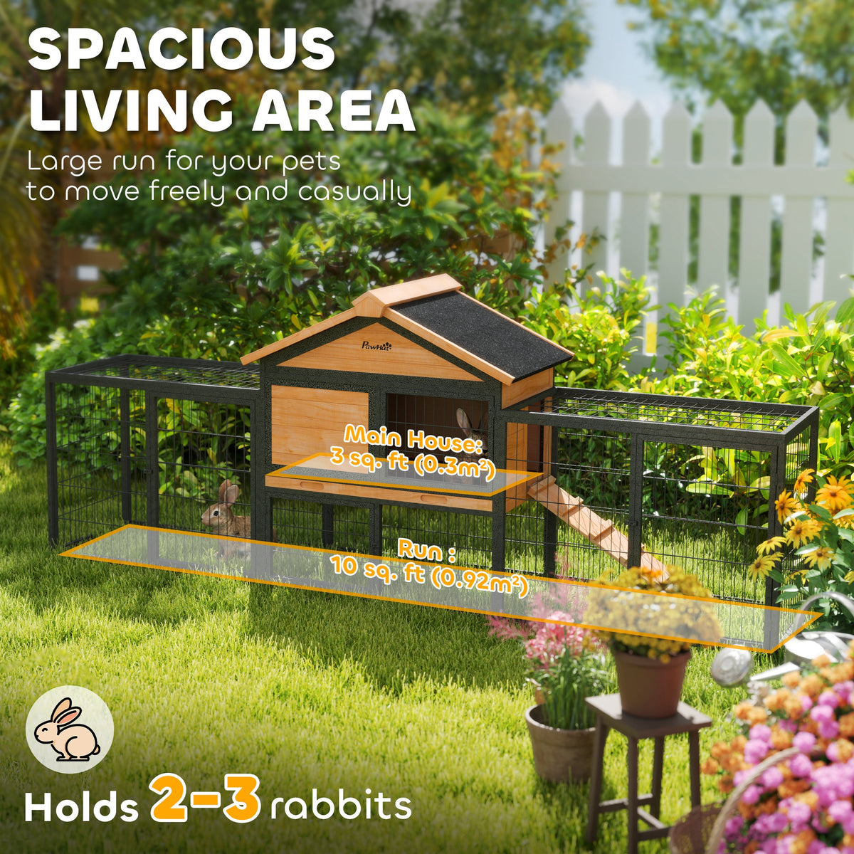 PawHut Rabbit Hutch Outdoor with Steel Run Removable Plastic Tray Natural