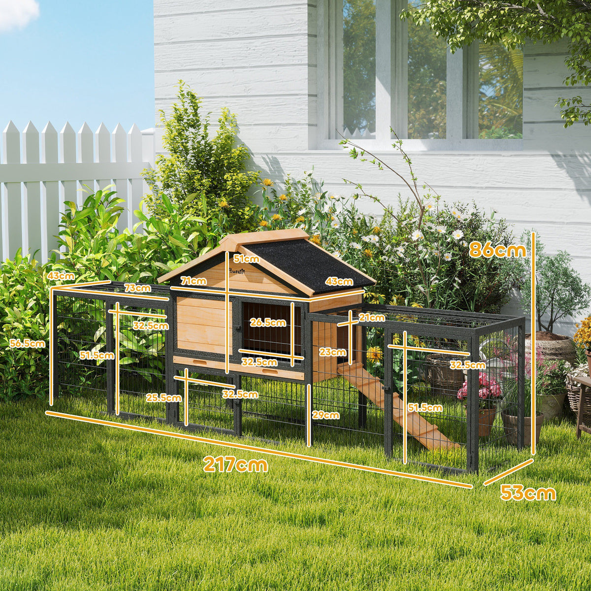 PawHut Rabbit Hutch Outdoor with Steel Run Removable Plastic Tray Natural