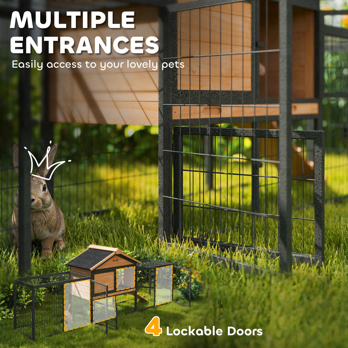PawHut Rabbit Hutch Outdoor with Steel Run Removable Plastic Tray Natural