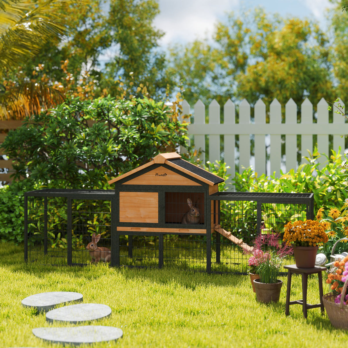 PawHut Rabbit Hutch Outdoor with Steel Run Removable Plastic Tray Natural