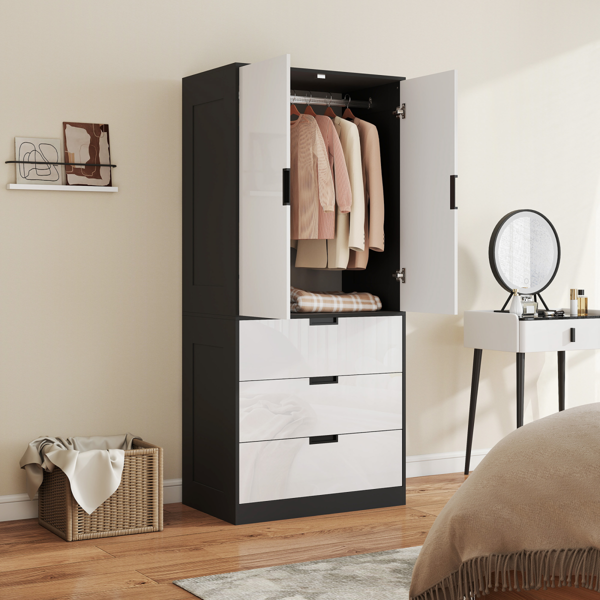 cortex-london-kensington-high-gloss-white-2-door-wardrobe-3-drawers-hanging-rail