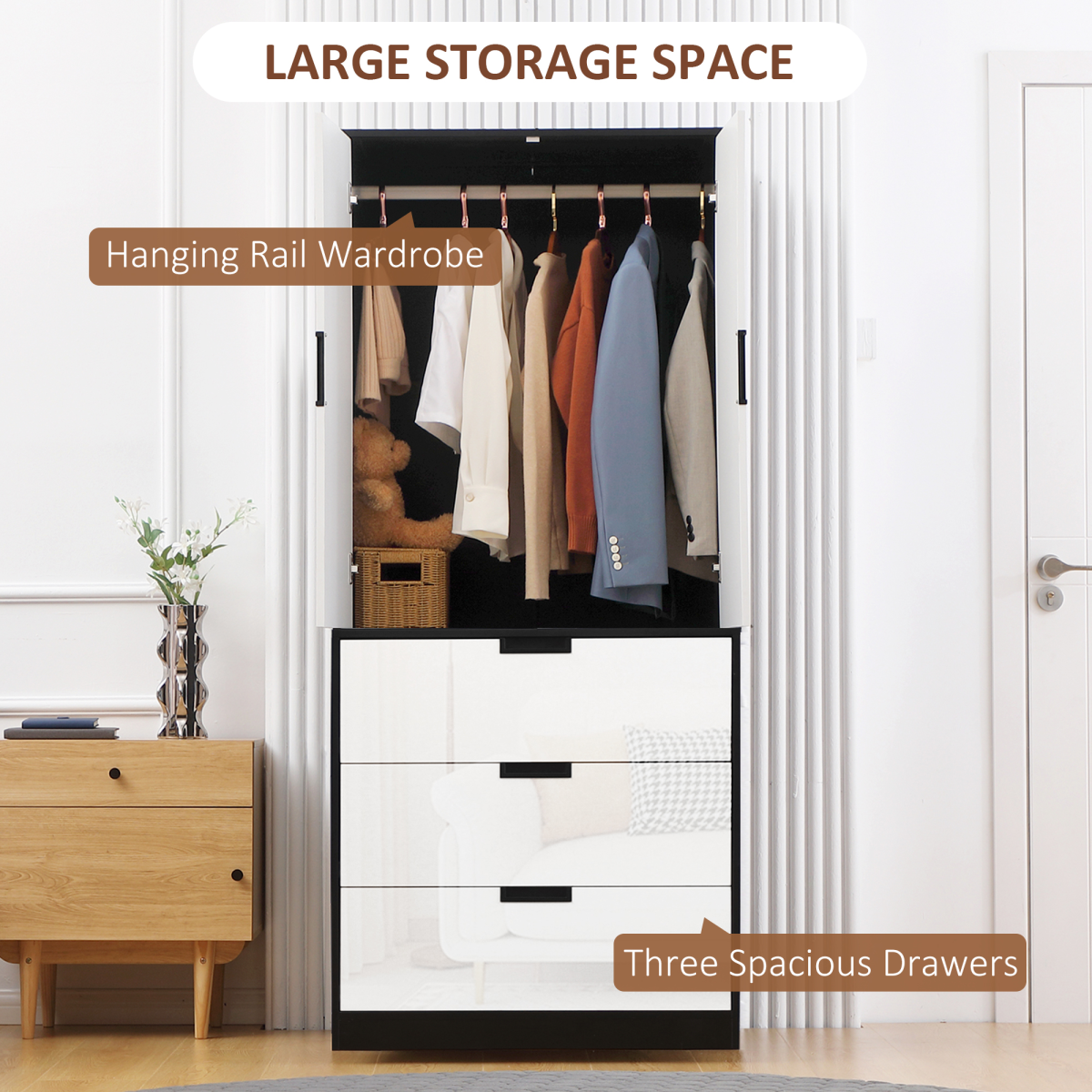 cortex-london-kensington-high-gloss-white-2-door-wardrobe-3-drawers-hanging-rail