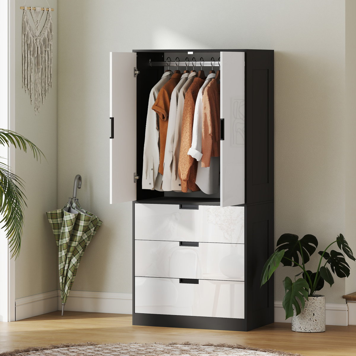 cortex-london-kensington-high-gloss-white-2-door-wardrobe-3-drawers-hanging-rail