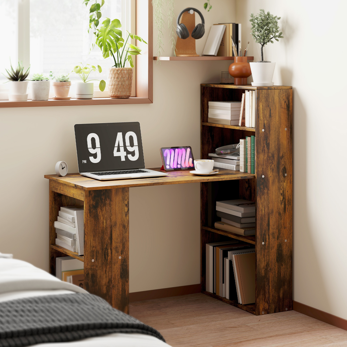 cortex-london-york-rustic-brown-computer-desk-bookshelf-six-shelves