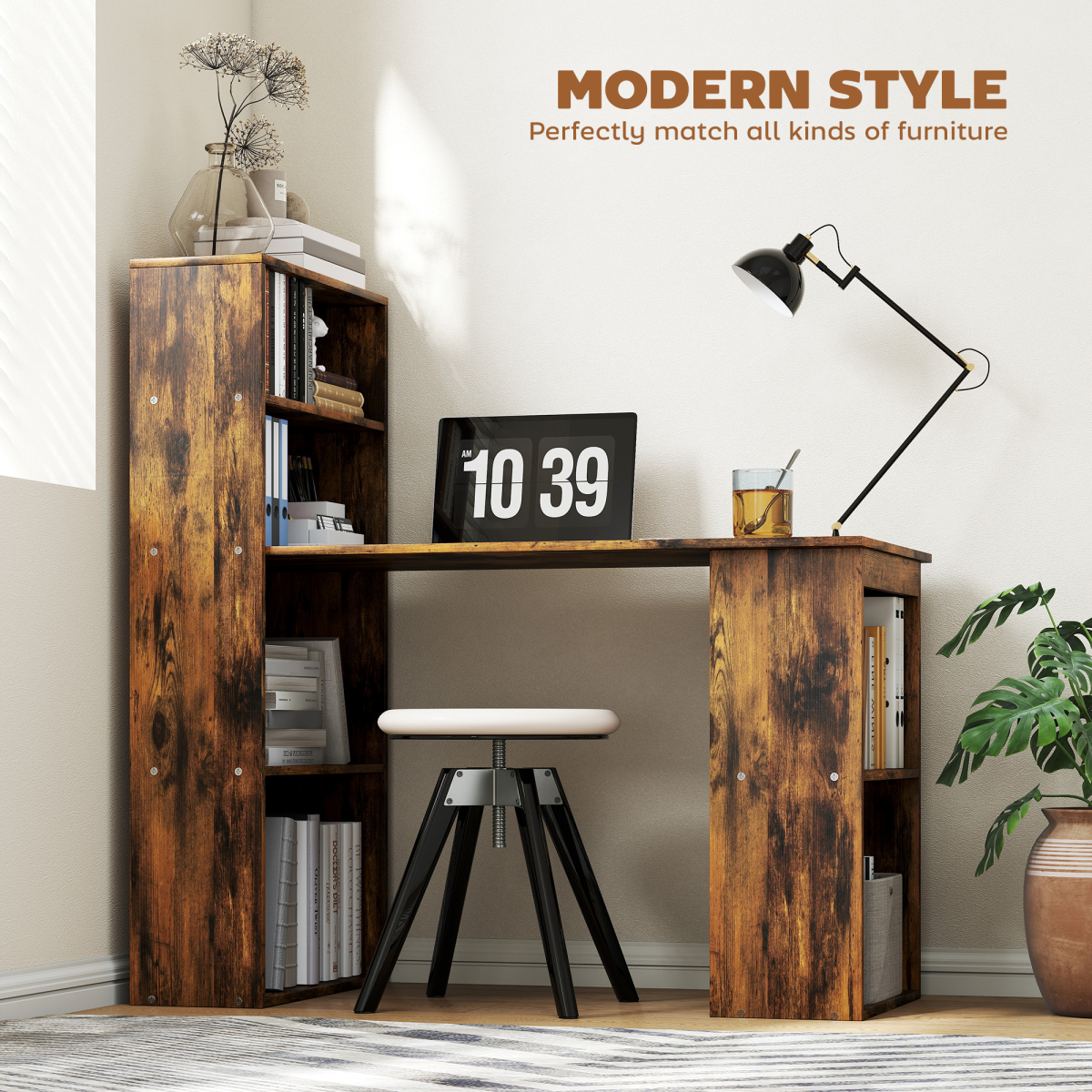 cortex-london-york-rustic-brown-computer-desk-bookshelf-six-shelves