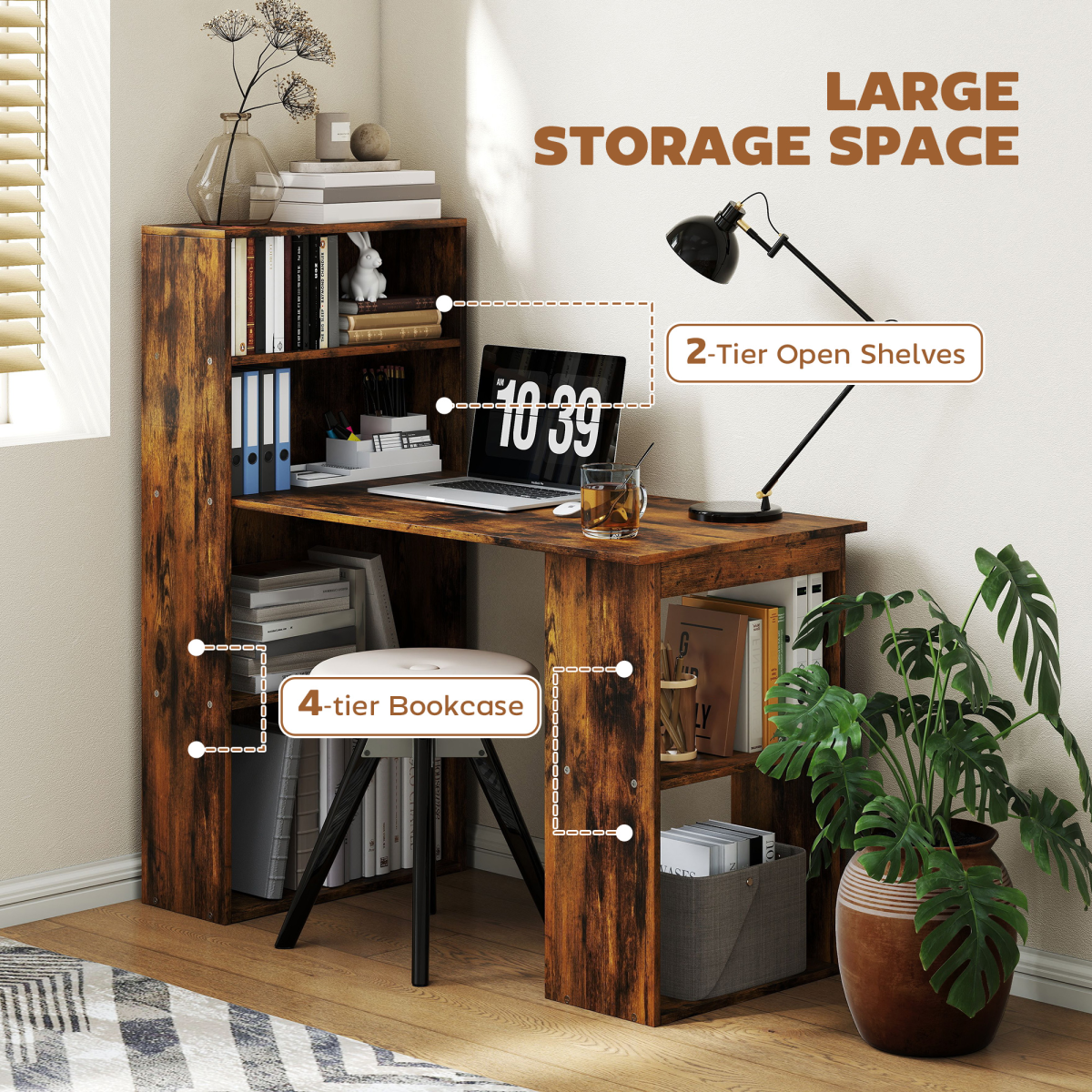 cortex-london-york-rustic-brown-computer-desk-bookshelf-six-shelves