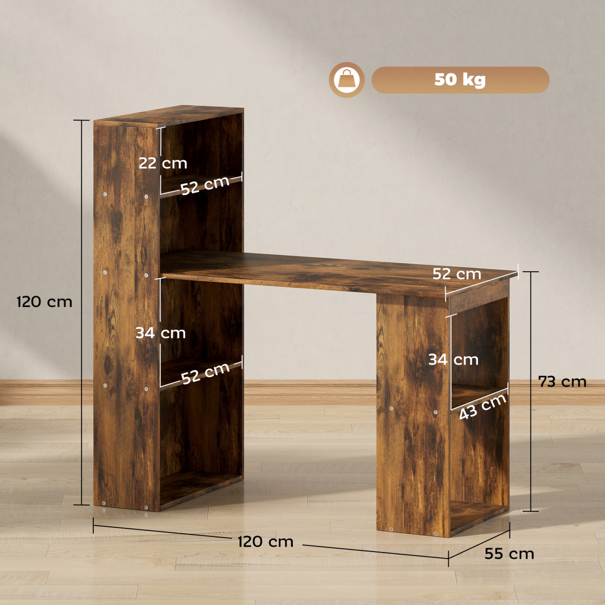 cortex-london-york-rustic-brown-computer-desk-bookshelf-six-shelves