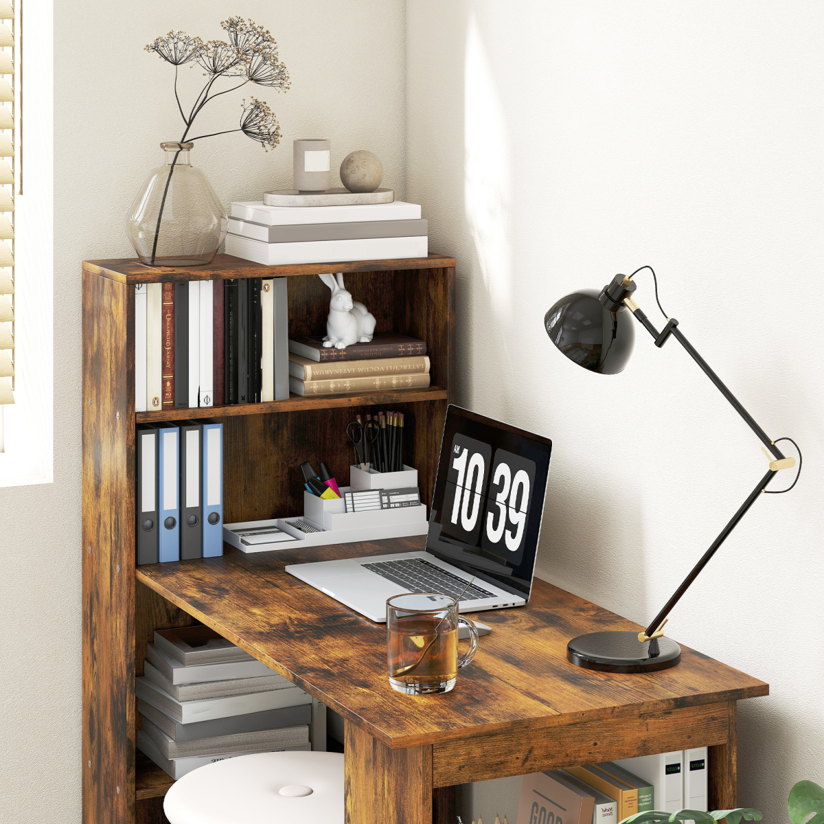 cortex-london-york-rustic-brown-computer-desk-bookshelf-six-shelves
