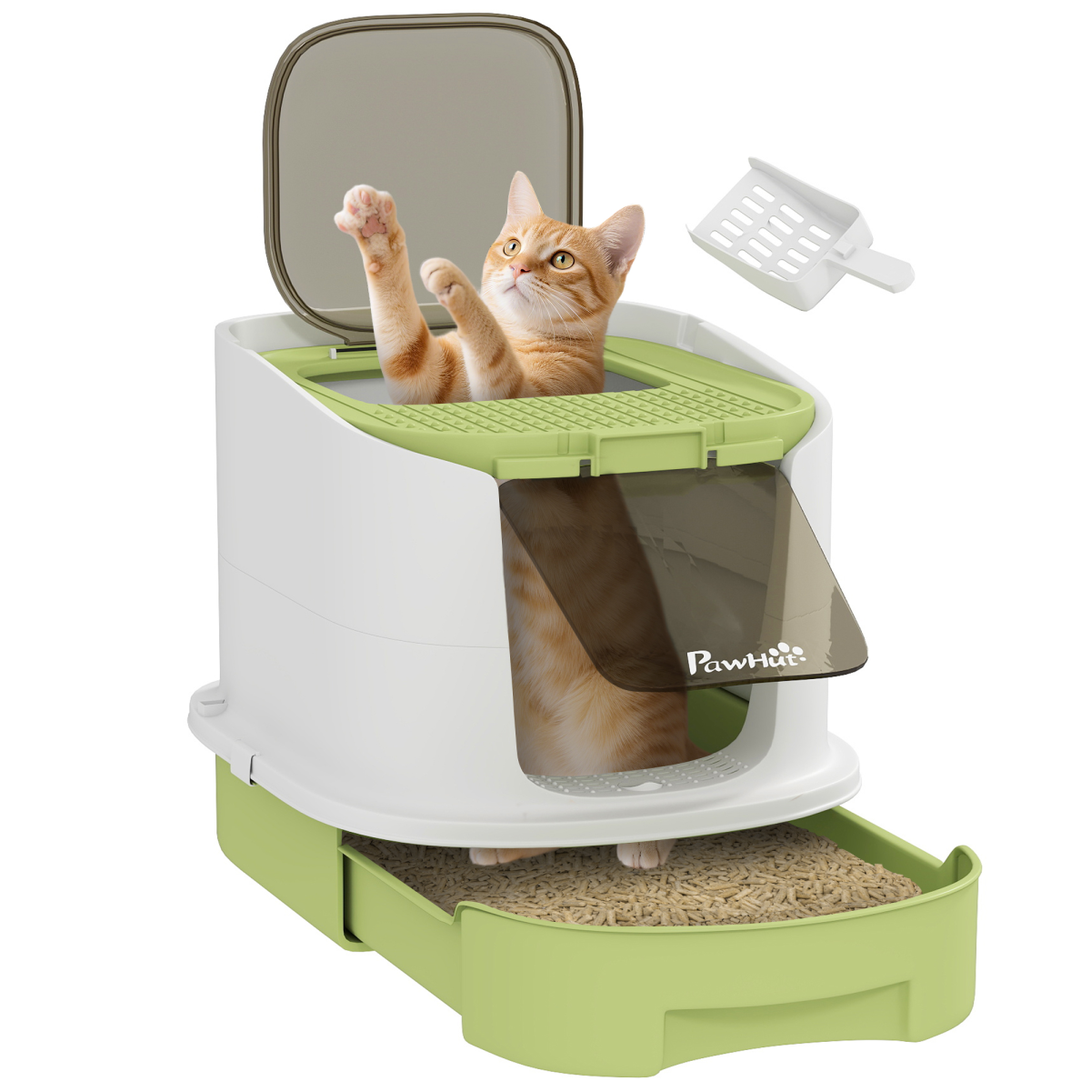 cortex-london-windsor-hooded-cat-litter-tray-with-scoop-green-white-black