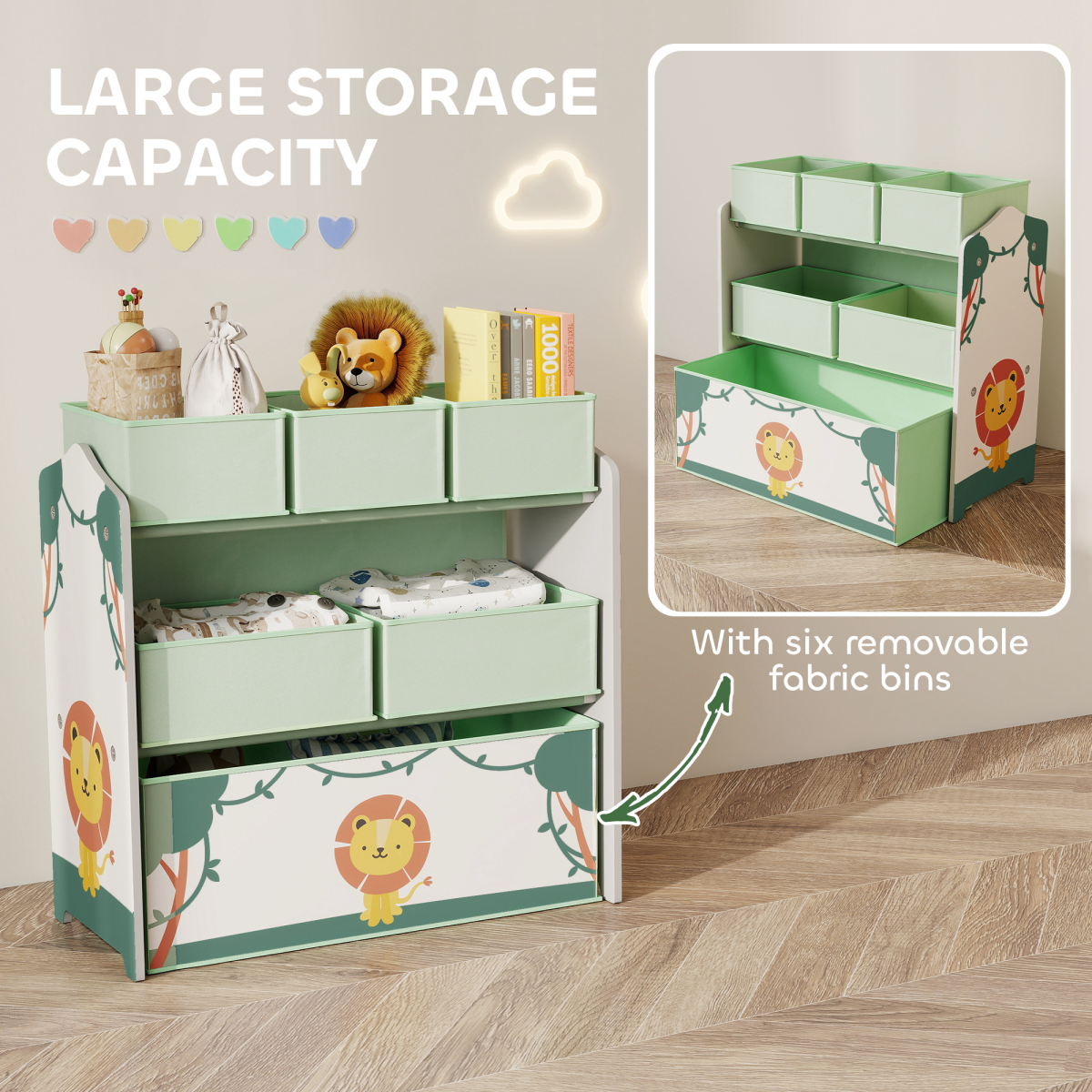 cortex-london-windsor-kids-storage-shelf-removable-fabric-boxes-green