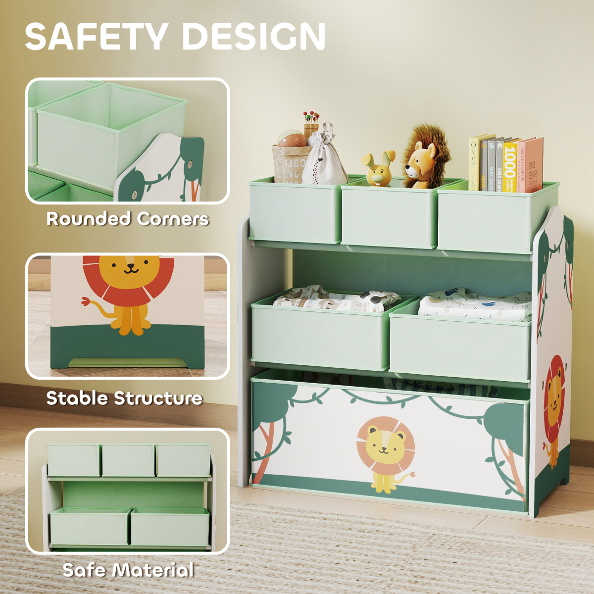 cortex-london-windsor-kids-storage-shelf-removable-fabric-boxes-green