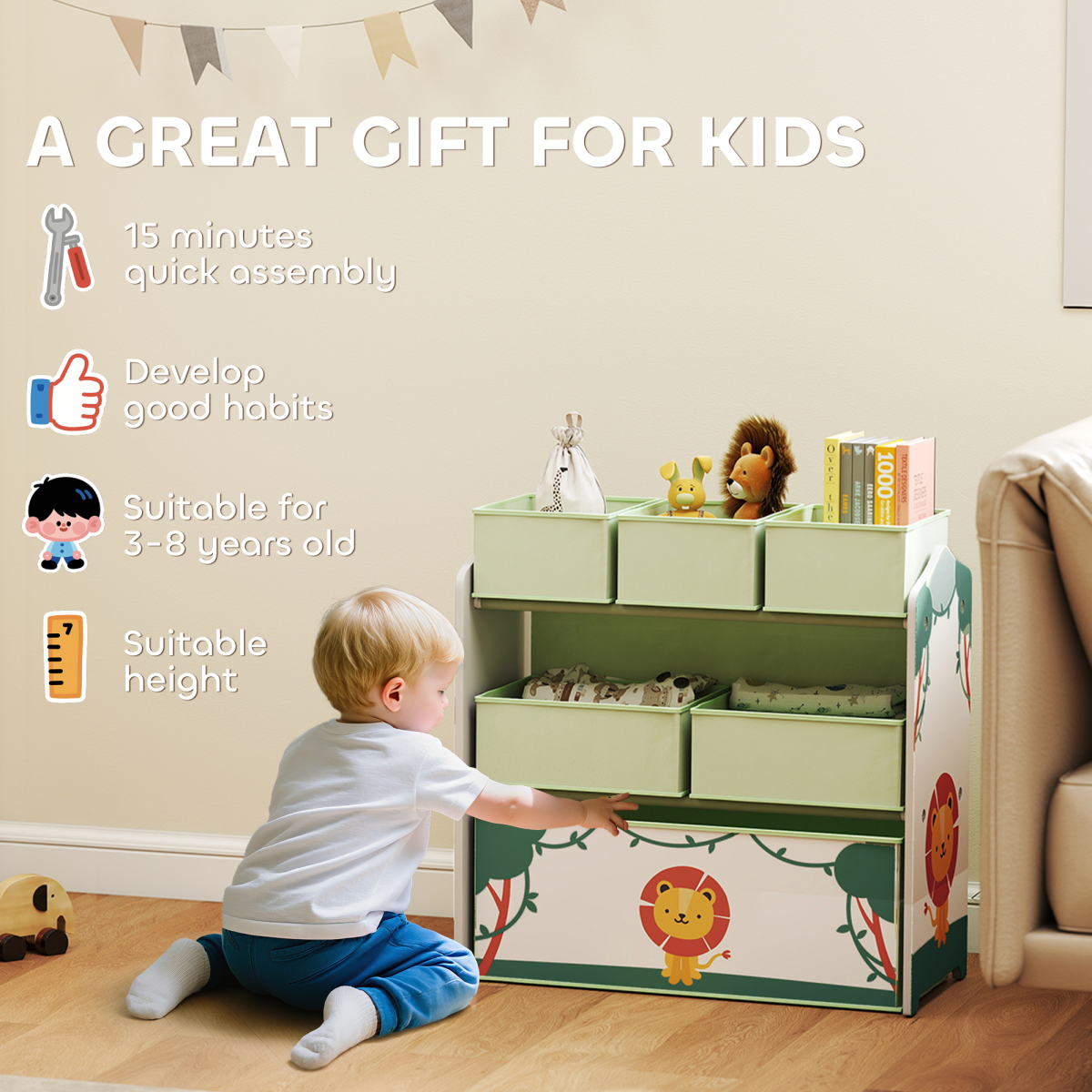cortex-london-windsor-kids-storage-shelf-removable-fabric-boxes-green