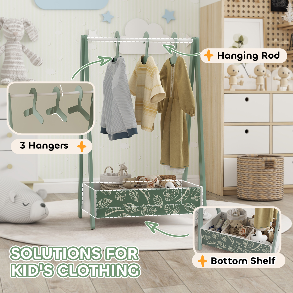 cortex-london-windsor-green-kids-clothes-rail-with-hangers-shelf