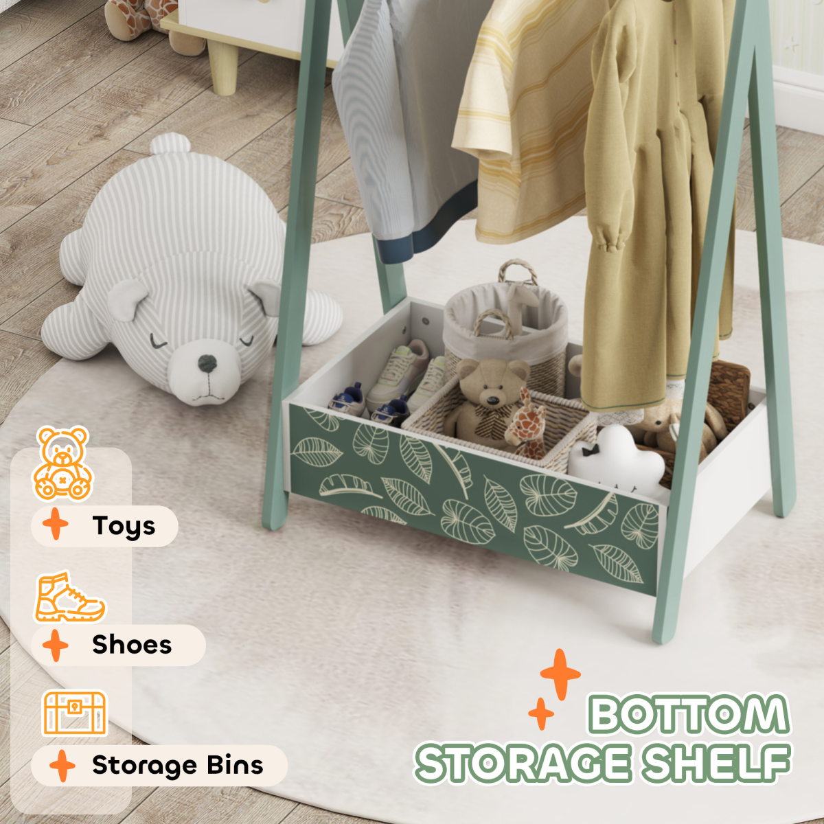 cortex-london-windsor-green-kids-clothes-rail-with-hangers-shelf