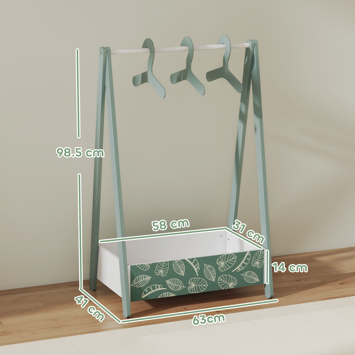 cortex-london-windsor-green-kids-clothes-rail-with-hangers-shelf