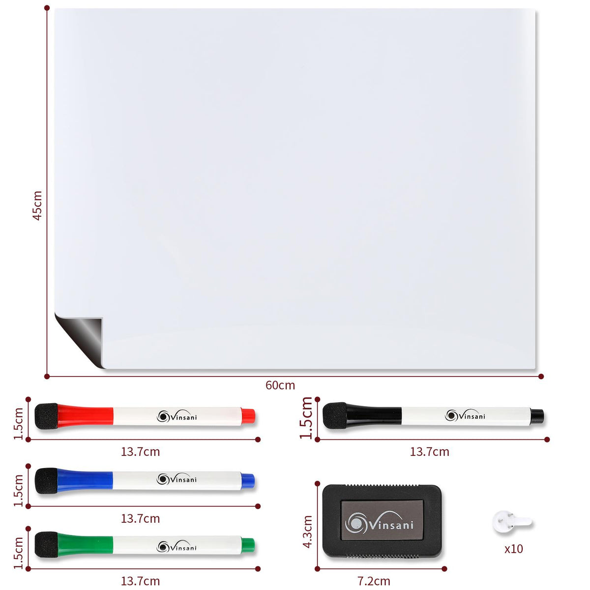 Vinsani 450x600 Whiteboard w/ 4 Markers and Eraser 0000143