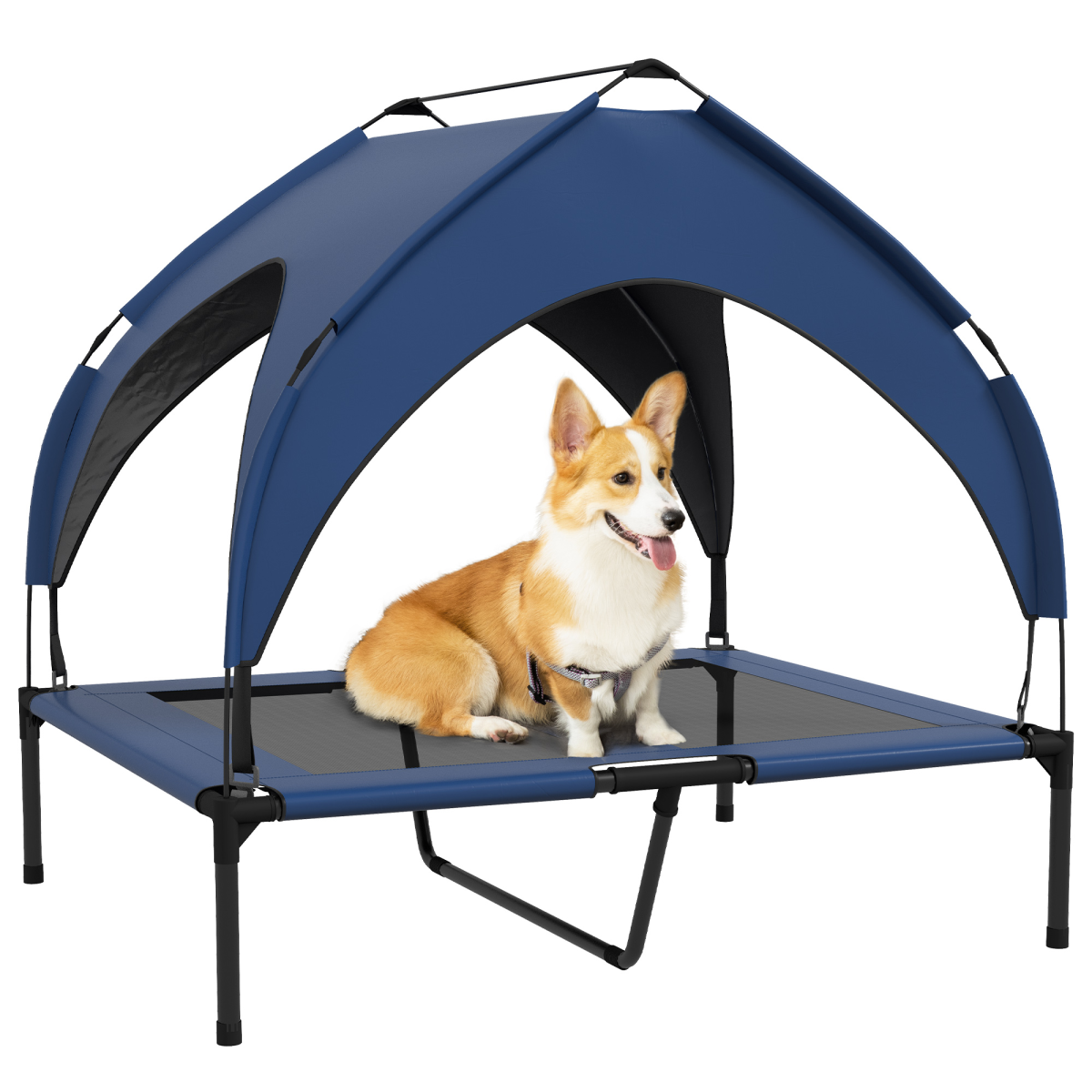 cortex-london-york-cooling-raised-dog-bed-dark-blue-breathable-mesh-canopy