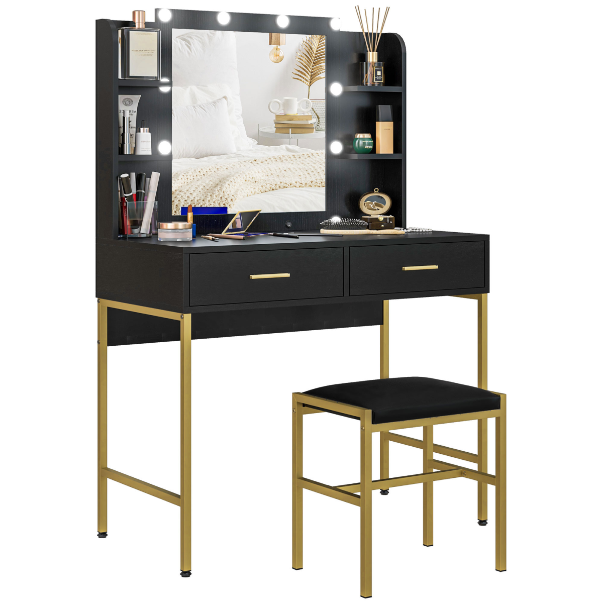 cortex-london-kensington-black-lighted-makeup-vanity-desk-set-with-mirror-stool-drawers