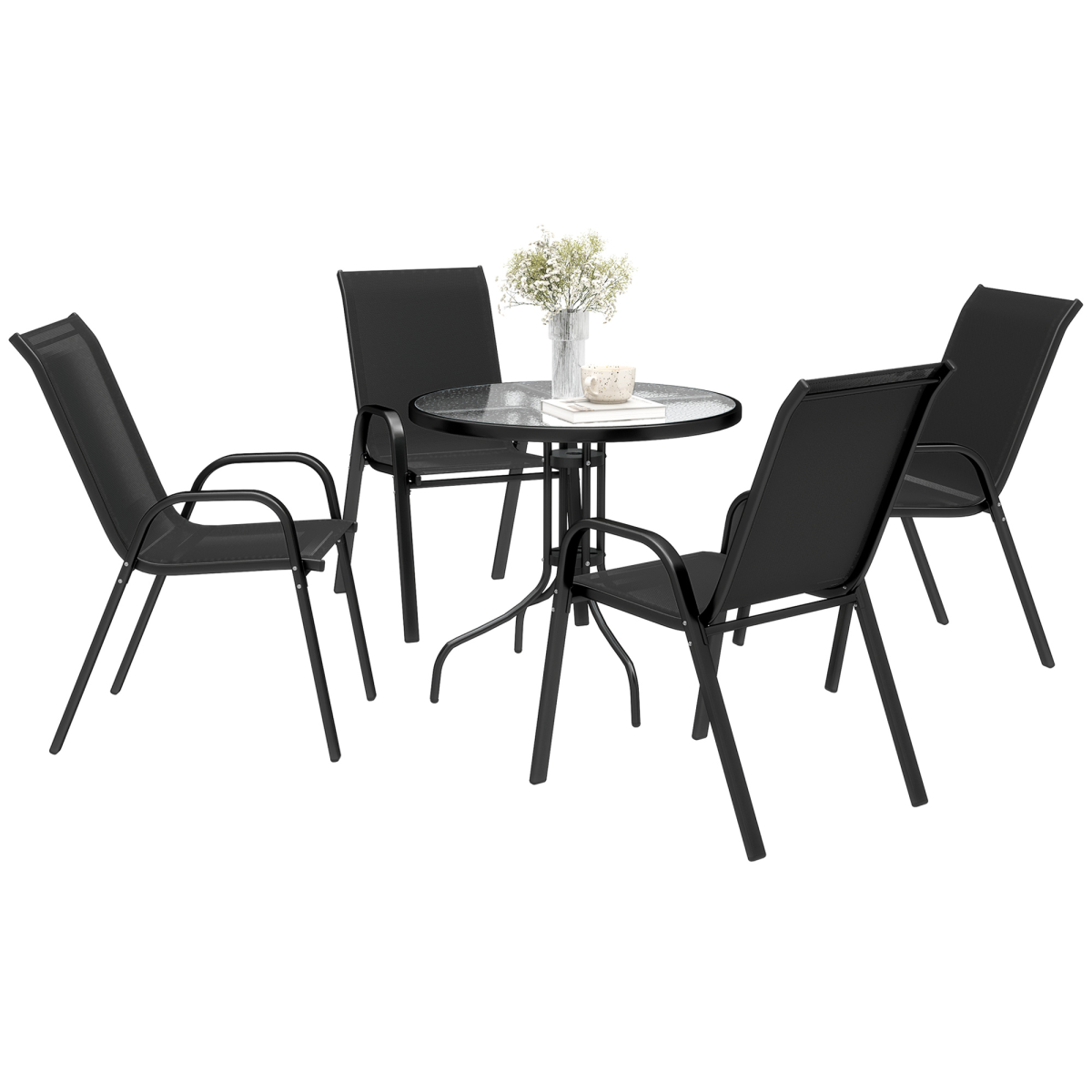 cortex-london-york-black-garden-furniture-set-round-glass-table-four-stackable-chairs