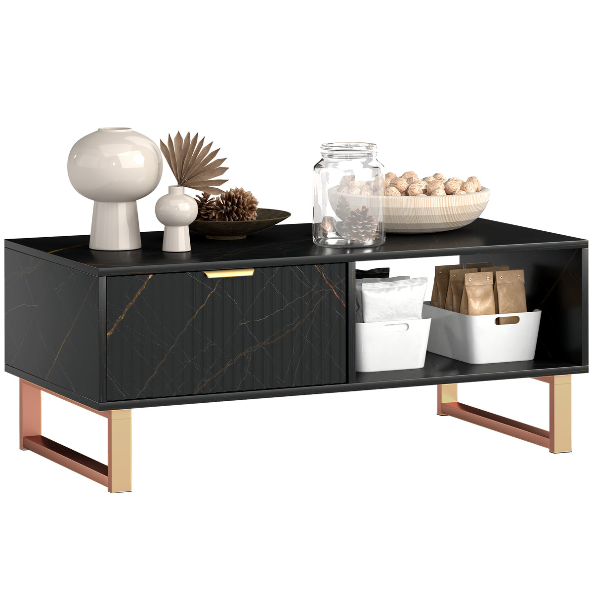 cortex-london-kensington-marble-pattern-coffee-table-black-drawer-open-shelves